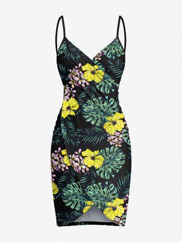 Plus Size Tropical Leaf Hibiscus Flower Print Hawaii Convertible Beach Cover Up - BLACK - XS