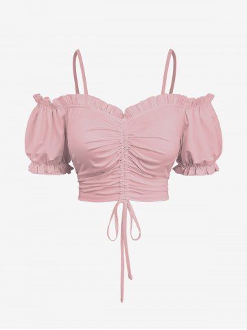 Plus Size Cold Shoulder Puff Sleeve Solid Cinched Top - LIGHT PINK - 6X