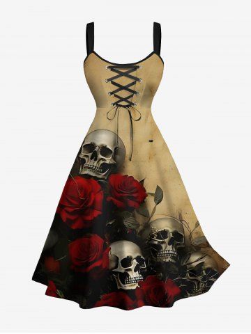 Plus Size Distressed Skull Rose Flower Print Halloween Lace Up A Line Tank Dress - COFFEE - 1X