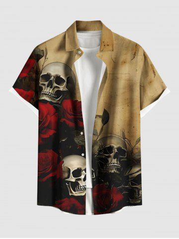 Plus Size Distressed Skull Rose Flower Print Halloween Button Pocket Shirt For Men - COFFEE - 6XL