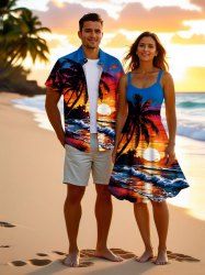 Tenue de plage hawaïenne assortie grande taille, imprimé cocotier, coucher de soleil et vagues, pour couples - Bleu 