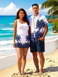 Matching Hawaii Shirt and Romper Plus Size Beach Outfit Coconut Tree Ombre Colorblock Printed for Couples -  