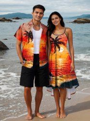 Tenue de plage hawaïenne assortie grande taille pour couple, motif cocotier, paysage marin, soleil, oiseau, nuage, imprimé - Orange 