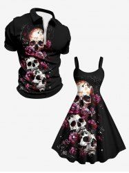 Tenue assortie grande taille pour couple, motif tête de mort et rose, pour Halloween - Noir 