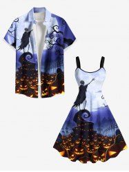 Halloween Pumpkin Lantern Skeleton Wizard Tree Moon Print Plus Size Matching Outfit For Couples -  