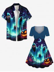Halloween Pumpkin Ghost Bat Galaxy Print Plus Size Matching Outfit For Couples -  