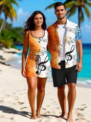Matching Hawaii Shirt and Romper Plus Size Beach Outfit Ombre Leaf Music Symbol Print For Couples -  
