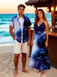 Tenue de plage hawaïenne assortie grande taille à imprimé feuilles et étoiles Galaxy Ombre pour couples - Bleu 