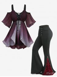 Ombre Lace-Up Cold Shoulder Blouse and Cross Floral Flocking Zipper Flare Pants Plus Size Outfit -  