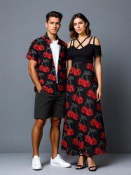 Halloween Cherry Skulls Print Plus Size Matching Hawaii Beach Outfit For Couples -  