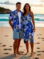 Tenue de plage hawaïenne assortie grande taille à imprimé feuilles et fleurs d'hibiscus pour couples - Bleu 