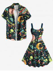 Tenue de plage hawaïenne assortie grande taille pour couples, motif galaxie, étoile, lune, planète, extraterrestre - Noir 