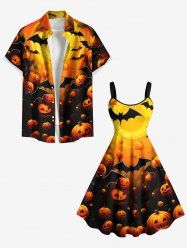 Tenue d'Halloween grande taille à imprimé citrouille, lanterne et chauve-souris pour couples - Orange 