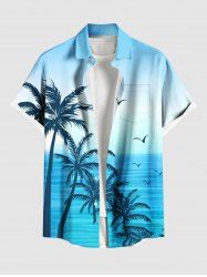Plus Size Coconut Tree Ombre Colorblock Sea Bird Print Buttons Pocket Hawaii Shirt For Men -  
