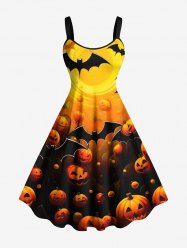 Plus Size Halloween Pumpkin Lantern Bat Print Tank Dress -  