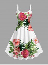 Robe débardeur hawaïenne grande taille à imprimé feuilles tropicales et fleurs d'hibiscus - Blanc 3X