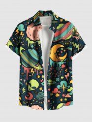 Plus Size Galaxy Star Moon Planet Alien Print Buttons Pocket Hawaii Shirt For Men -  