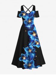 Plus Size Flowers Glitter 3D Print Cold Shoulder Crisscross Hawaii Maxi Dress -  