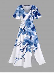 Plus Size Watercolor Flowers Leaf Print Split Hawaii Midi Dress -  