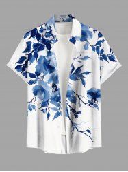 Plus Size Watercolor Flowers Leaf Print Buttons Pocket Hawaii Shirt For Men -  
