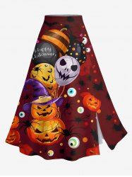Jupe fendue grande taille à imprimé citrouille, crâne, yeux ballon, chauve-souris, Halloween - Rouge foncé 2X