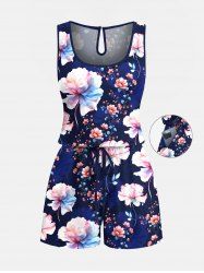 Plus Size Ombre Flower Print Hawaii Drawstring Pocket Romper -  