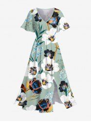 Plus Size Ombre Flower Leaf Print Hawaii Split Pocket A Line Midi Dress -  