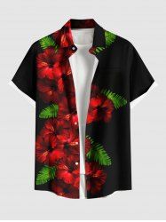 Plus Size Tropical Leaf Hibiscus Flower Print Hawaii Button Pocket Shirt For Men -  