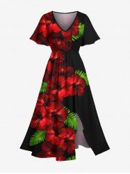 Plus Size Tropical Leaf Hibiscus Flower Print Hawaii Split Pocket A Line Midi Dress -  