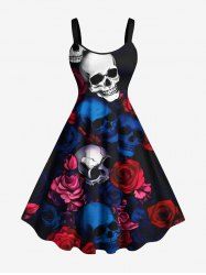 Robe trapèze grande taille à imprimé tête de mort et roses pour Halloween - Noir 5X