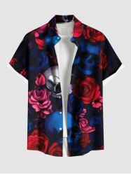Plus Size Skull Rose Flower Print Halloween Button Pocket Shirt For Men -  