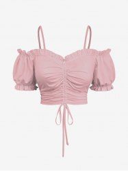 Plus Size Cold Shoulder Puff Sleeve Solid Cinched Top -  