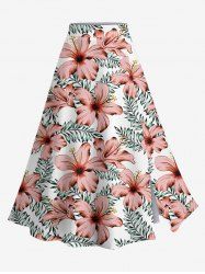 Jupe trapèze fendue hawaïenne grande taille à imprimé feuilles tropicales et fleurs d'hibiscus - Rose clair 3X