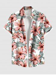 Plus Size Tropical Leaf Hibiscus Flower Print Hawaii Button Pocket Shirt For Men -  