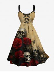 Plus Size Distressed Skull Rose Flower Print Halloween Lace Up A Line Tank Dress -  