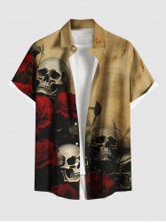Plus Size Distressed Skull Rose Flower Print Halloween Button Pocket Shirt For Men -  
