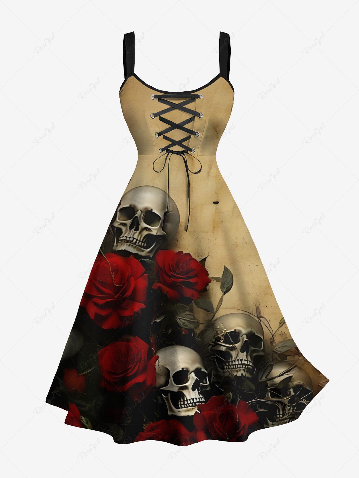 Shop Plus Size Distressed Skull Rose Flower Print Halloween Lace Up A Line Tank Dress  