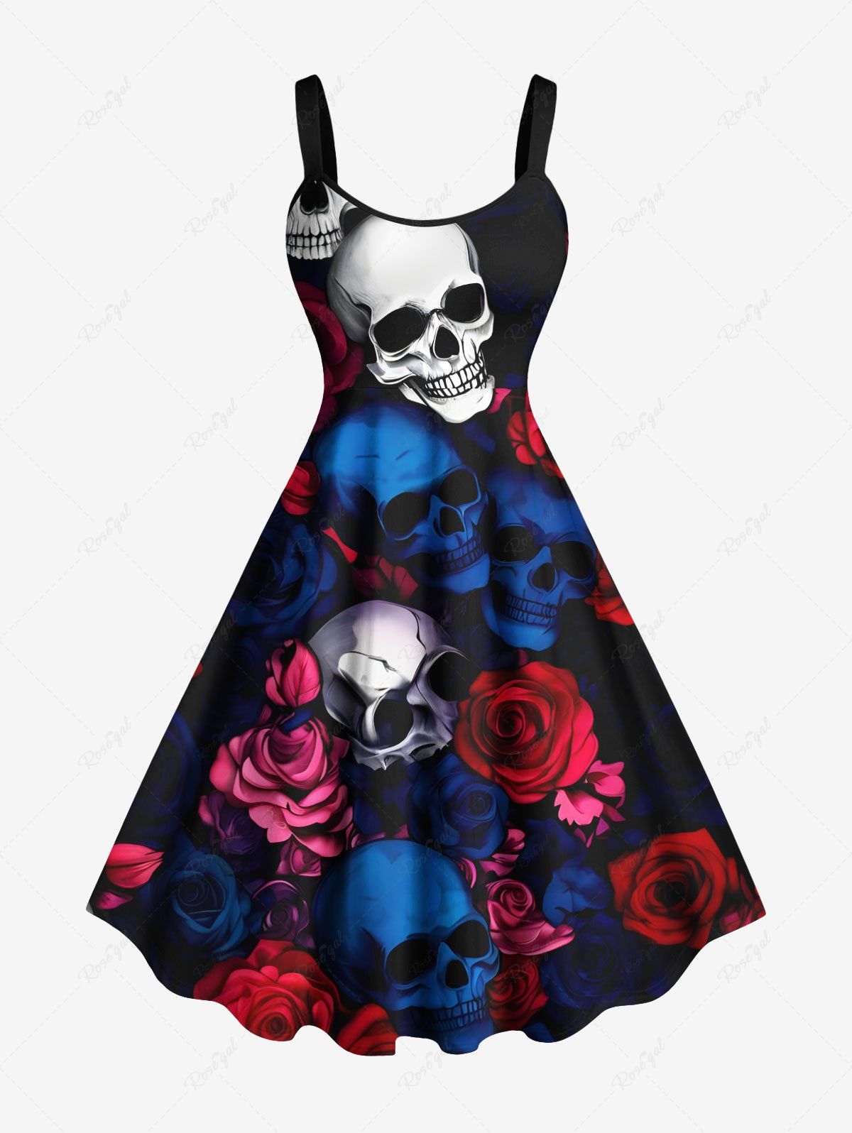 Buy Plus Size Skull Rose Flower Print Halloween A Line Tank Dress  