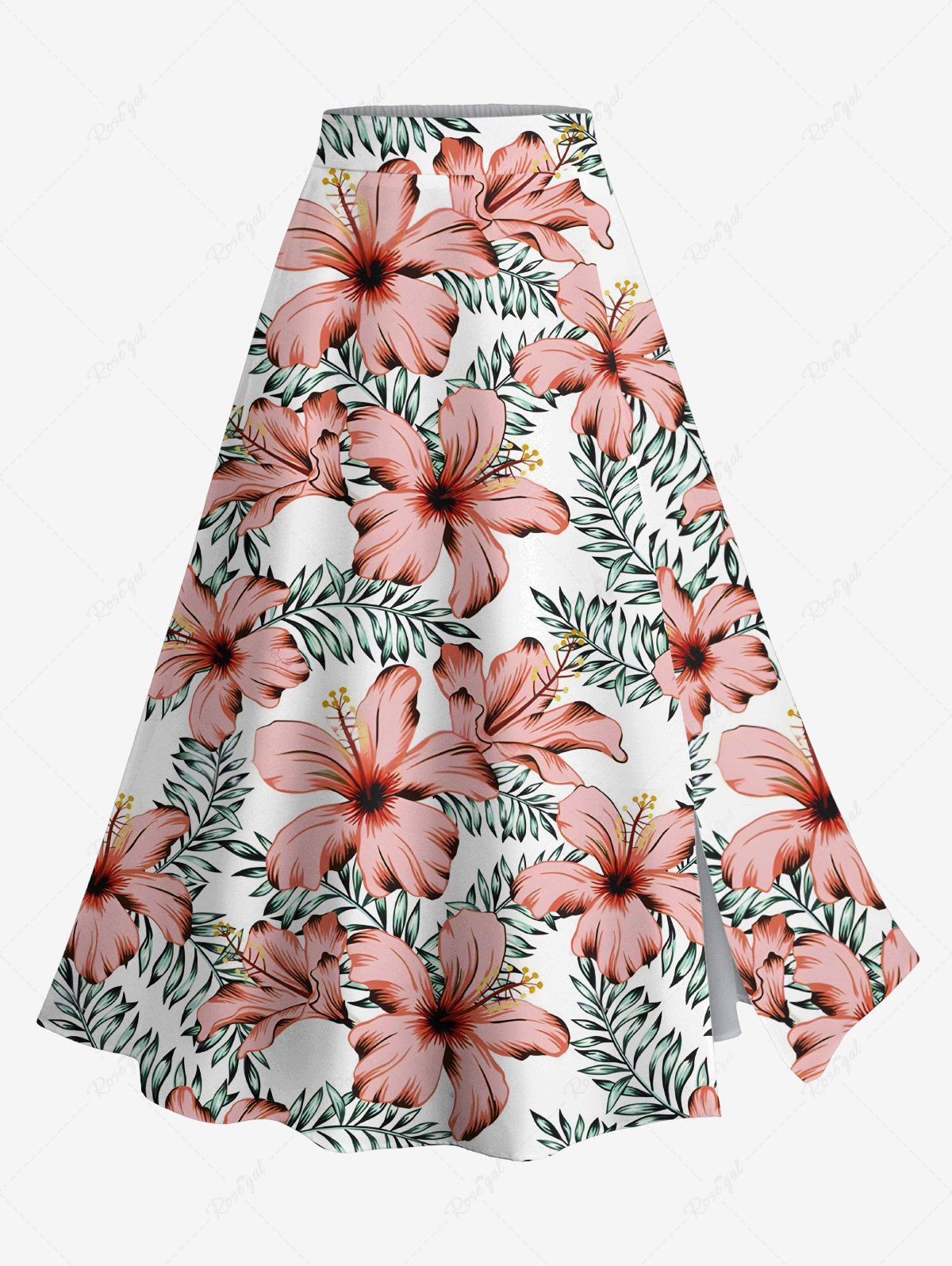 Hot Plus Size Tropical Leaf Hibiscus Flower Print Hawaii Split A Line Skirt  