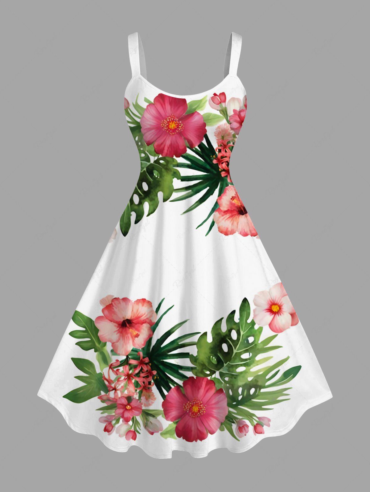 Robe débardeur hawaïenne grande taille à imprimé feuilles tropicales et fleurs d'hibiscus Blanc XXS