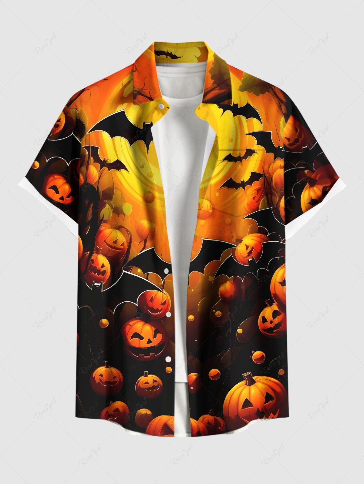 Chemise grande taille à boutons et poches pour homme, imprimé citrouille, lanterne, chauve-souris, Halloween Orange 3XL