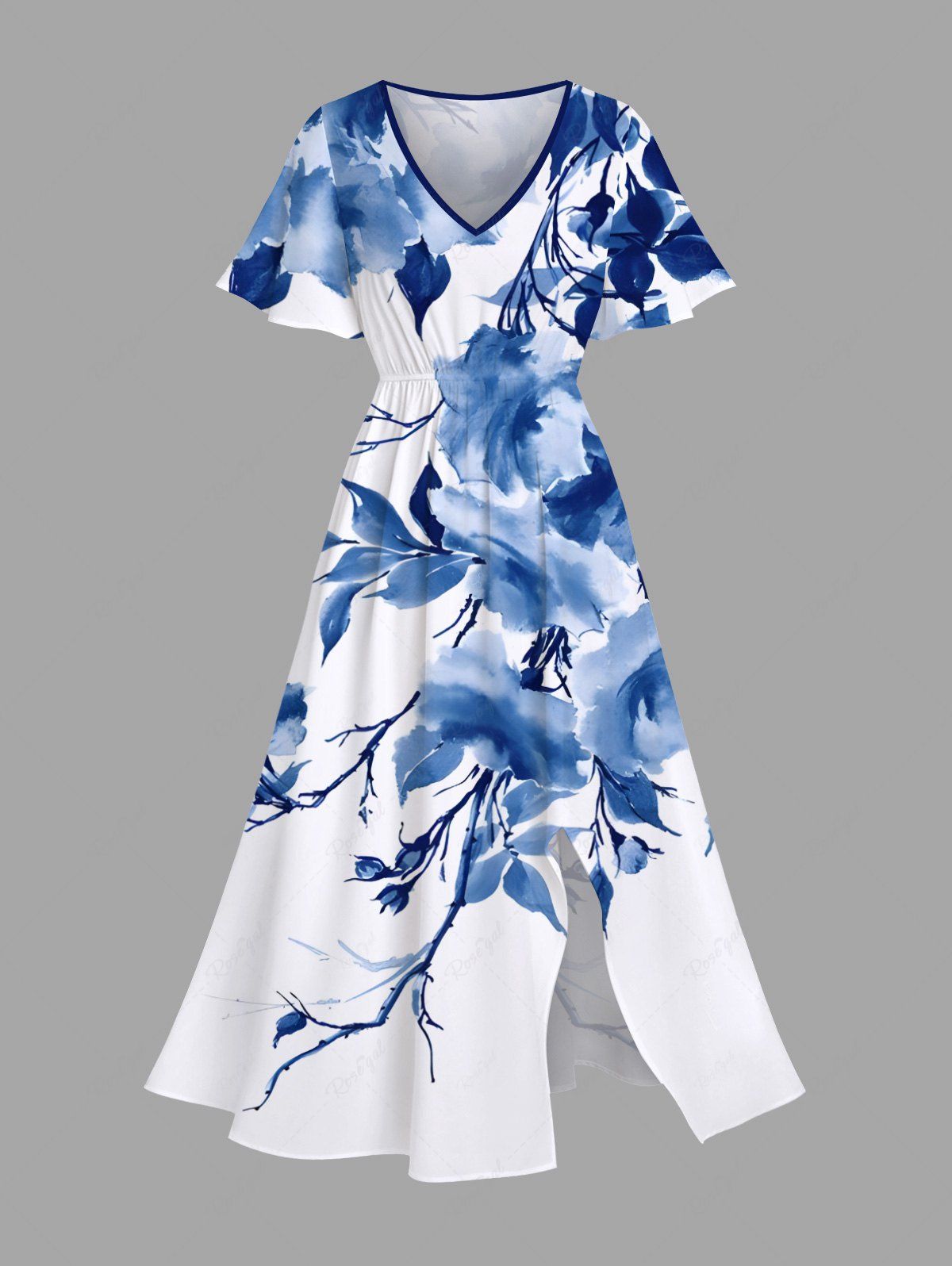 Robe mi-longue hawaïenne fendue à imprimé aquarelle et feuilles, grande taille Bleu XXS