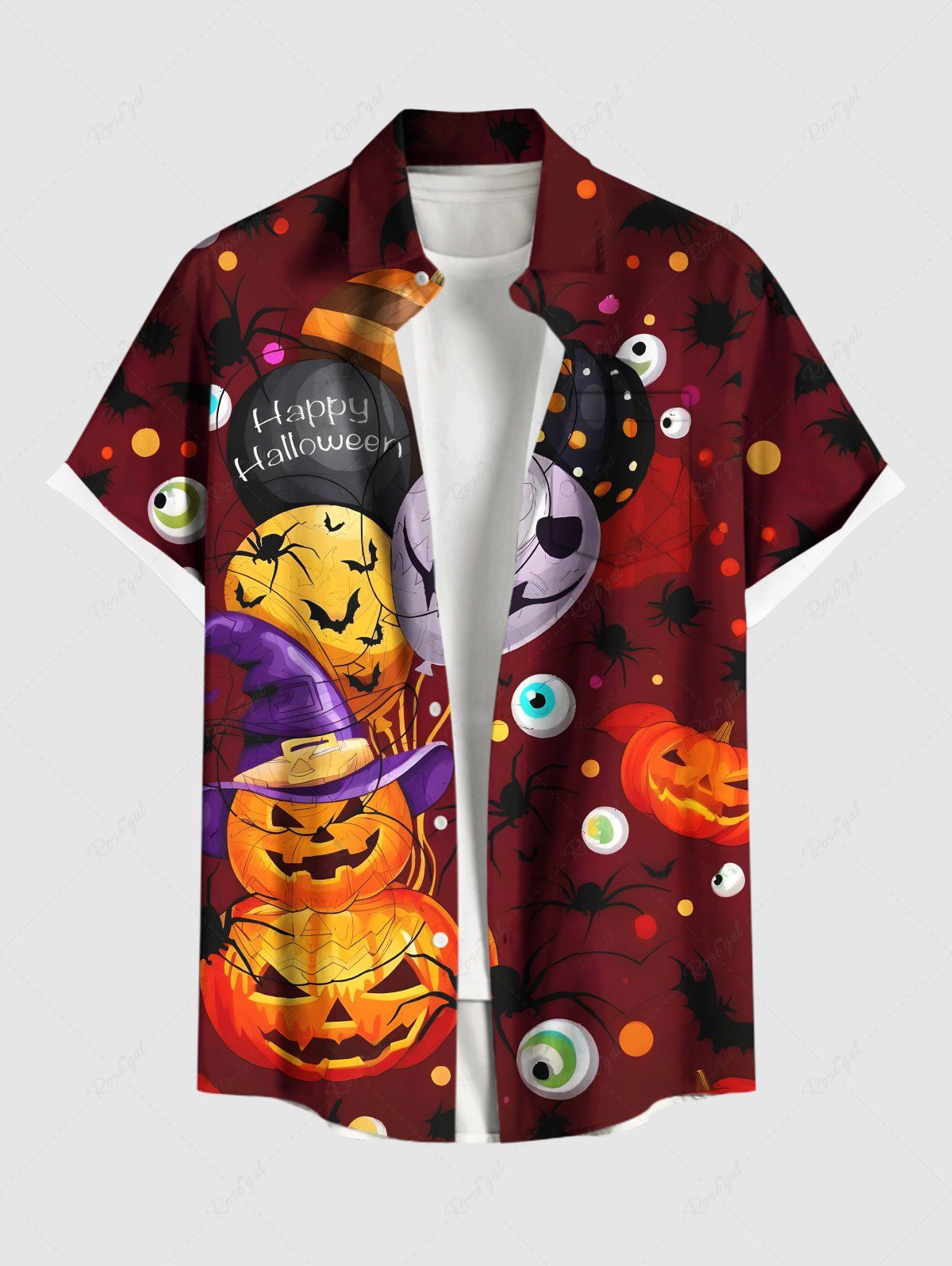 Chemise grande taille pour homme, motif citrouille, crâne, yeux ballon, chauve-souris, boutons et poches Rouge Vineux 3XL