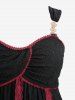Gothic Jacquard Pointelle Hollow Out Contrast Piping Top and Lace Up Cinched Two Tone A Line Skirt Plus Size Outfit -  