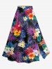 Ensemble assorti haut cintré uni et jupe trapèze fendue à imprimé feuilles tropicales et fleurs d'hibiscus hawaïennes grande taille - Concorde 