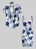 Tenue de plage hawaïenne assortie grande taille à imprimé feuilles tropicales et fleurs d'hibiscus pour couples - Bleu 