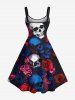 Robe trapèze grande taille à imprimé tête de mort et roses pour Halloween - Noir 5X