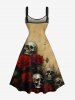 Plus Size Distressed Skull Rose Flower Print Halloween Lace Up A Line Tank Dress -  