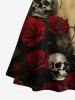 Plus Size Distressed Skull Rose Flower Print Halloween Lace Up A Line Tank Dress -  