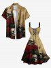 Plus Size Distressed Skull Rose Flower Print Halloween Lace Up A Line Tank Dress -  